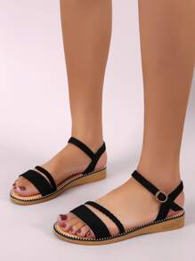Sandalias de correa de tobillo con punta abierta, sandalias planas para mujer, color negro, con hebilla, aptas para el verano y adecuadas para estudiantes