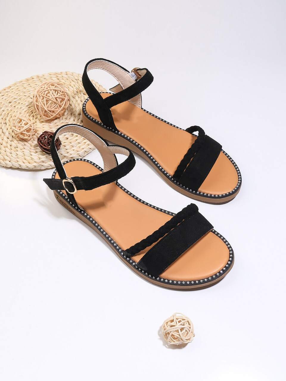 Open Toe Ankle Strap Sandals,Women's Flat Sandals, Black, Suede, Strap Buckle Strap, Suitable For Summer, Suitable For Students,Beach Outfits