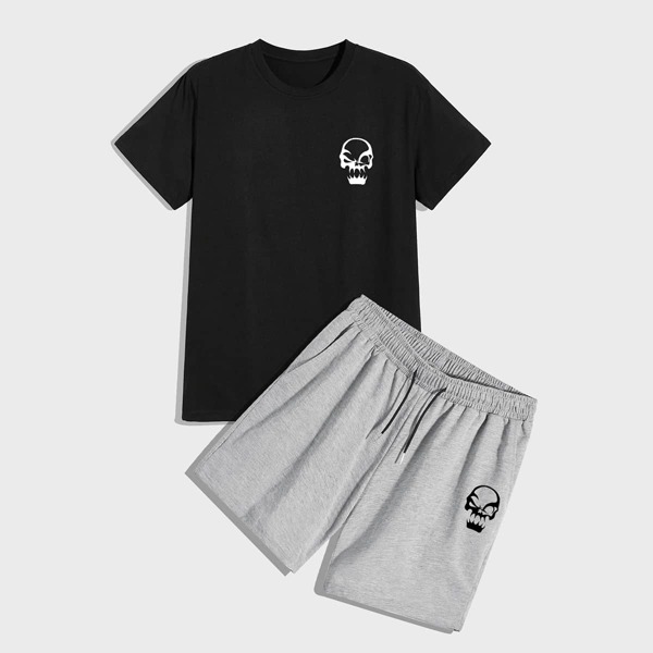 

Men Skull Print Tee With Shorts, Multicolor