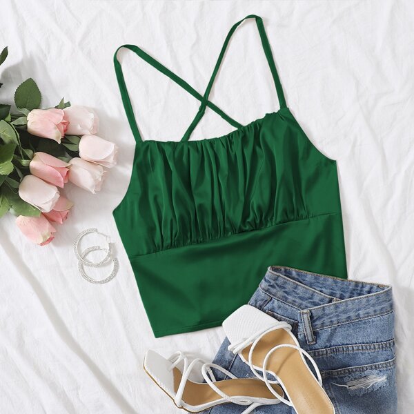 

Satin Ruched Bust Cami Top, Dark green