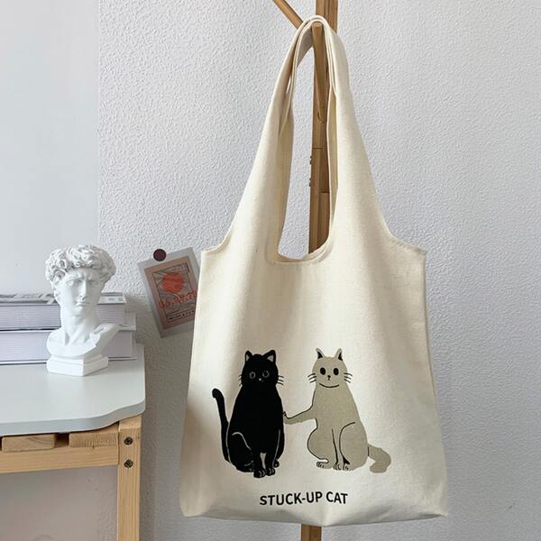 

Letter & Cartoon Graphic Shoulder Tote Bag, Beige