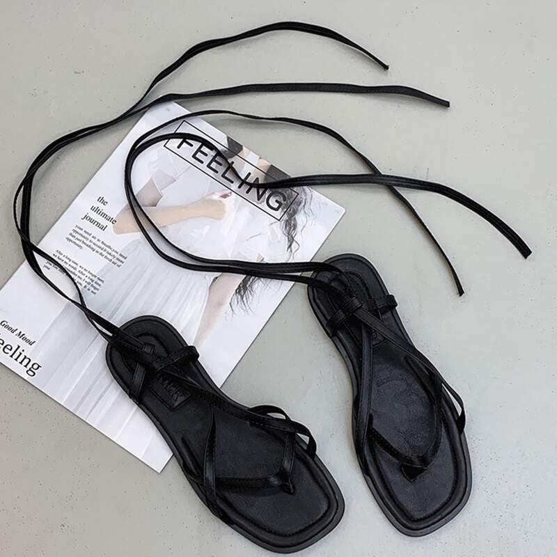 

Criss Cross Tie Leg Flat Sandals, Black