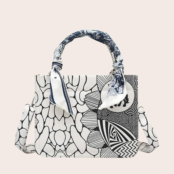 

Graphic Print Faux Pearl Decor Satchel Bag, White