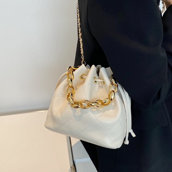 

Chain Decor Quilted Bucket Bag, Beige