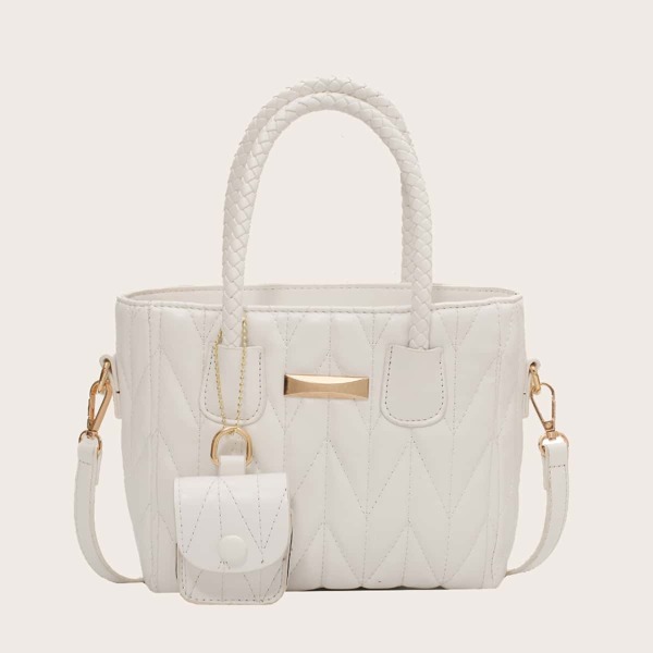 

Quilted Satchel Bag With Purse, White
