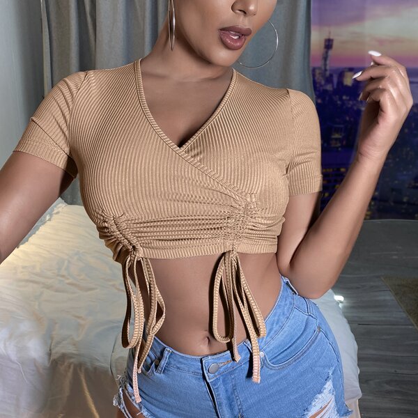

Solid Drawstring Front Crop Tee, Khaki