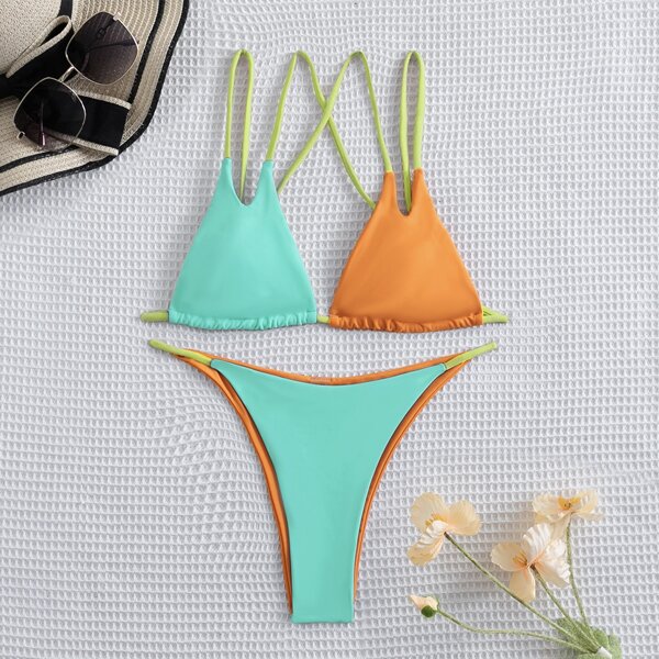 

Color Block Triangle Thong Bikini Swimsuit, Green