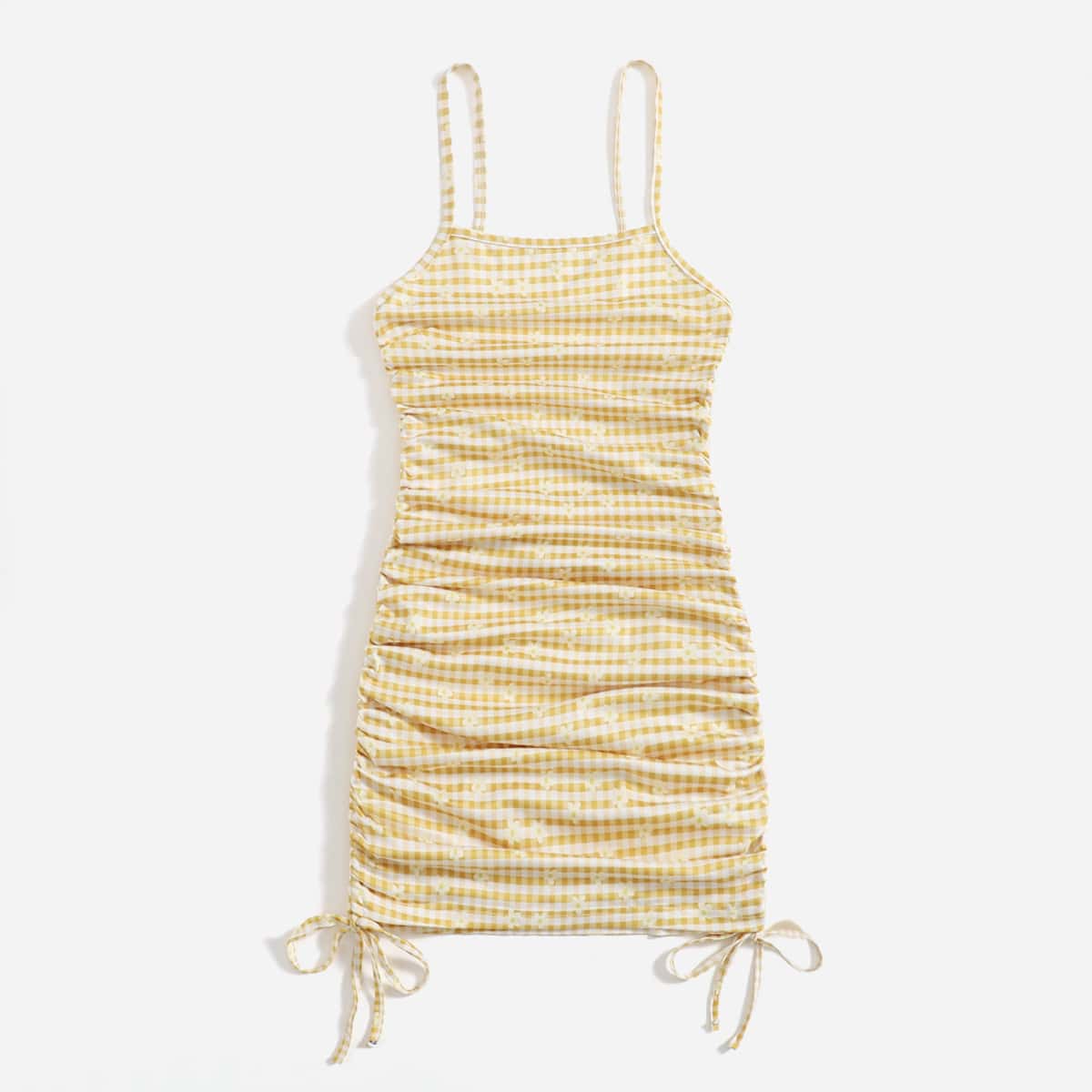 

Floral Gingham Drawstring Ruched Dress, Yellow