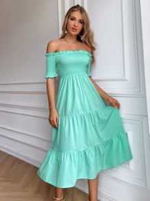 SHEIN Unity Off Shoulder Frill Trim Shirred Bodice Dress - Mint Blue - View 1