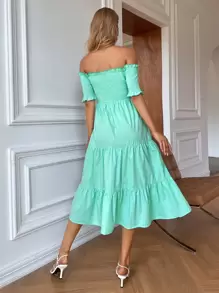 SHEIN Unity Off Shoulder Frill Trim Shirred Bodice Dress - Mint Blue - View 2