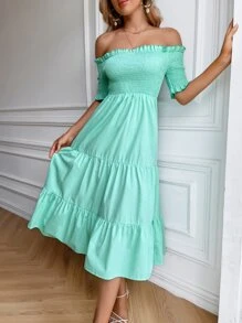 SHEIN Unity Off Shoulder Frill Trim Shirred Bodice Dress - Mint Blue - View 3