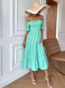 SHEIN Unity Off Shoulder Frill Trim Shirred Bodice Dress - Mint Blue - View 5