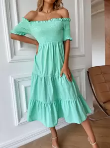 SHEIN Unity Off Shoulder Frill Trim Shirred Bodice Dress - Mint Blue - View 6