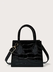 迷你專利鱷魚紋抓緊式手提包,專為青少年女性、大學生、菜鳥和白領人士而設,適用於辦公室、工作、商務和通勤,是最佳的女性工作包 - 黑色 - 查看 1