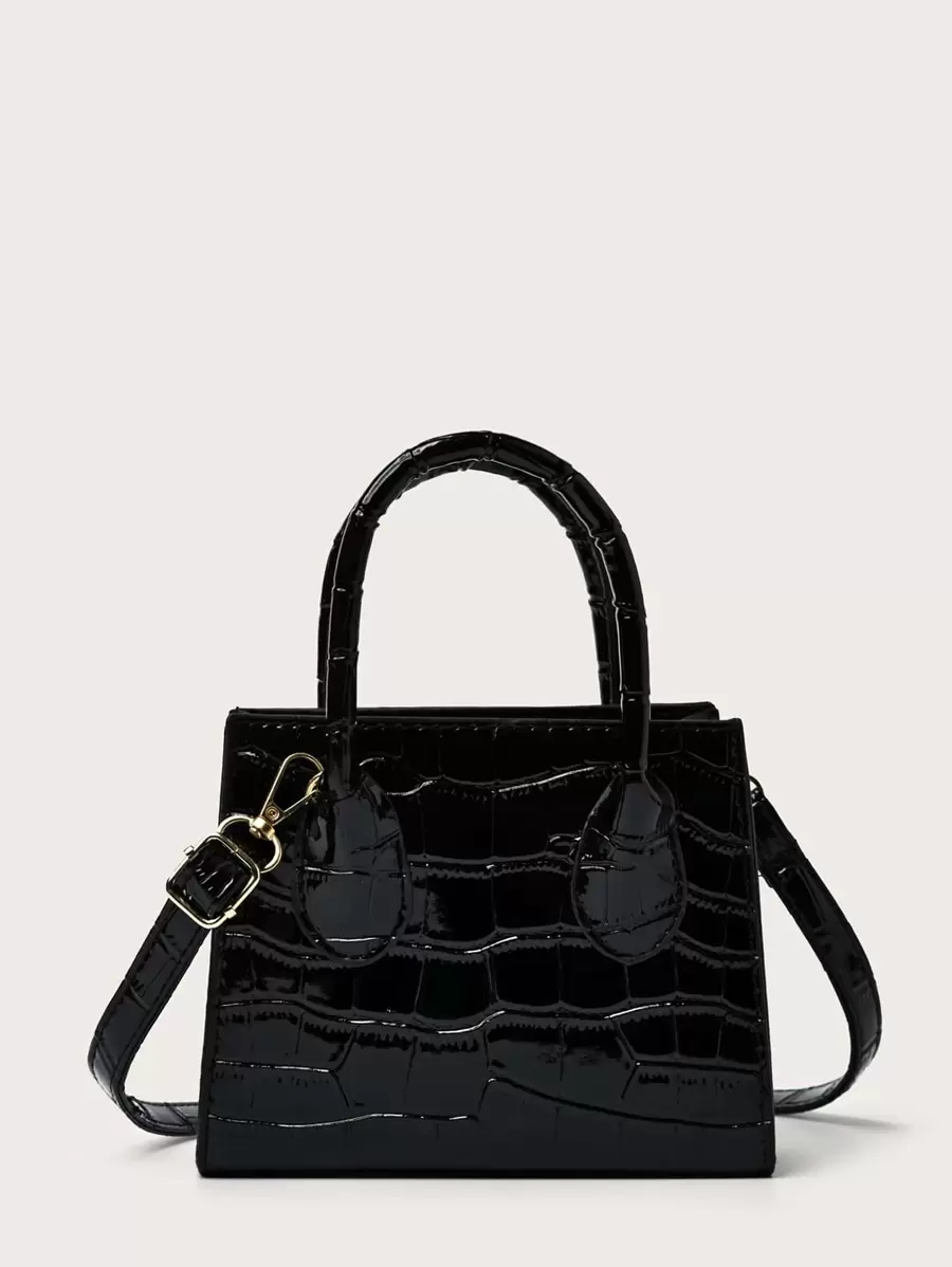 迷你專利鱷魚紋抓緊式手提包,專為青少年女性、大學生、菜鳥和白領人士而設,適用於辦公室、工作、商務和通勤,是最佳的女性工作包 - 黑色 - 查看 1