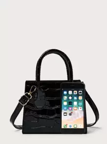 迷你專利鱷魚紋抓緊式手提包,專為青少年女性、大學生、菜鳥和白領人士而設,適用於辦公室、工作、商務和通勤,是最佳的女性工作包 - 黑色 - 查看 3