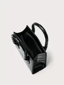 迷你專利鱷魚紋抓緊式手提包,專為青少年女性、大學生、菜鳥和白領人士而設,適用於辦公室、工作、商務和通勤,是最佳的女性工作包 - 黑色 - 查看 4