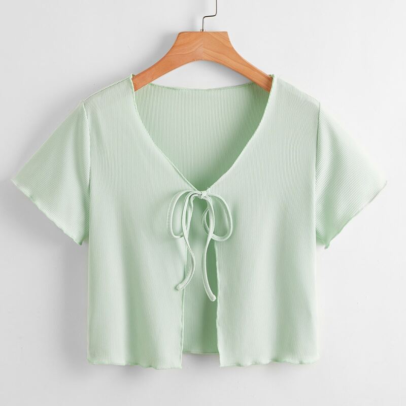 

Solid Tie Front Ribbed Top, Mint green