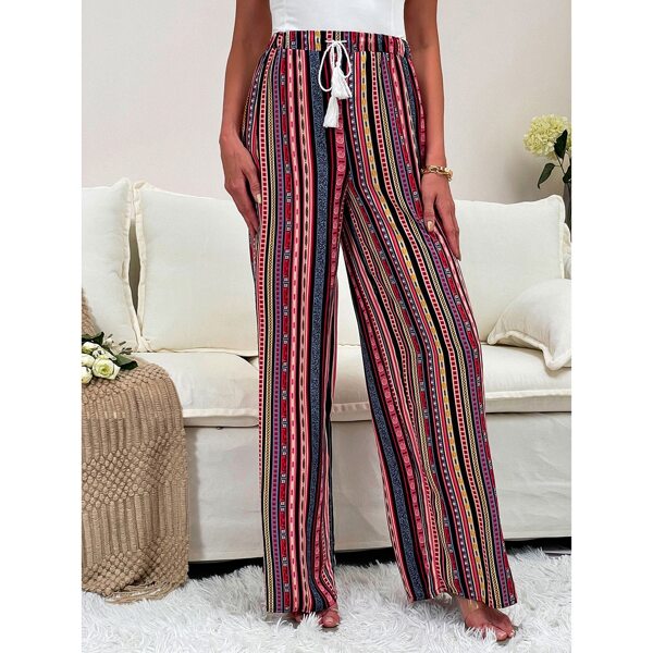 

Tassel Drawstring Waist Geo Pants, Multicolor