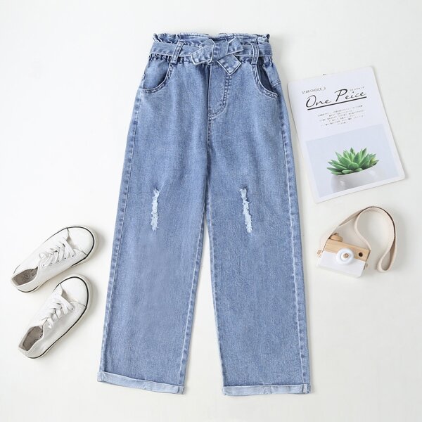 

Girls Ripped Belted Paper Bag Waist Jeans, Light wash