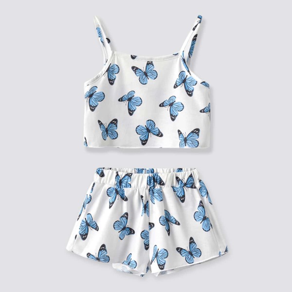 

для девочек Пижама на бретельках с принтом бабочки, Синий и белый