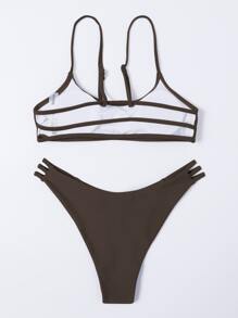 Plain Cut-Out Bikini For Summer Beach Vacation - Chocolate Brown - View 2
