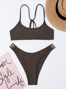 Plain Cut-Out Bikini For Summer Beach Vacation - Chocolate Brown - View 4