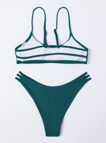 Plain Cut-Out Bikini For Summer Beach Vacation - Teal Blue - View 2
