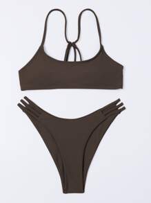 Plain Cut-Out Bikini For Summer Beach Vacation - Chocolate Brown - View 5