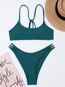 Plain Cut-Out Bikini For Summer Beach Vacation - Teal Blue - View 3