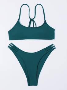 Plain Cut-Out Bikini For Summer Beach Vacation - Teal Blue - View 4