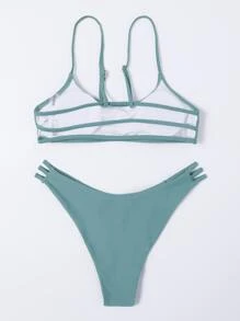 Plain Cut-Out Bikini For Summer Beach Vacation - Cadet Blue - View 2