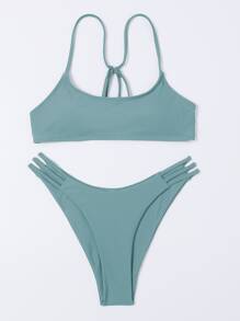 Plain Cut-Out Bikini For Summer Beach Vacation - Cadet Blue - View 5