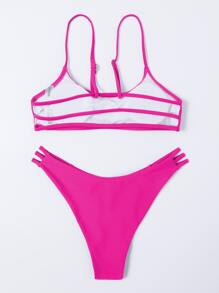 SHEIN Swim Summer Beach Solid Bikini Set Cami Bra & Cut-Out High Cut Bottom 2 Piece Bathing Suit - Hot Pink - View 2