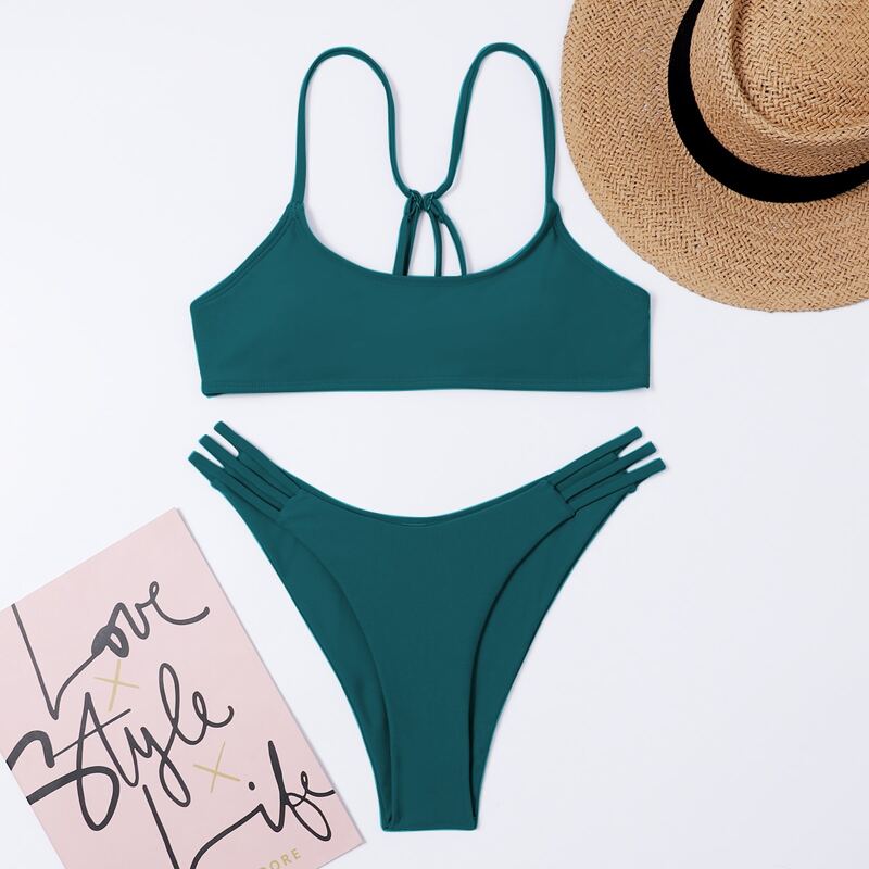 

Plain Cut-out Bikini Swimsuit, Teal blue