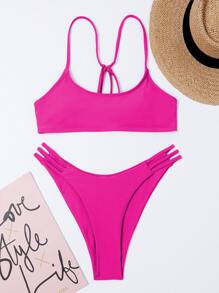 SHEIN Swim Summer Beach Solid Bikini Set Cami Bra & Cut-Out High Cut Bottom 2 Piece Bathing Suit - Hot Pink - View 4