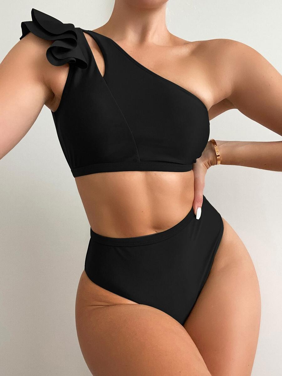 SHEIN Swim Summer Beach Mono Bikini Set Ruffle Trim One Shoulder Wireless Bra Top & High Waist Bikini Bottom 2 Pieces Bikini