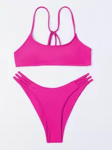 SHEIN Swim Summer Beach Solid Bikini Set Cami Bra & Cut-Out High Cut Bottom 2 Piece Bathing Suit - Hot Pink - View 5