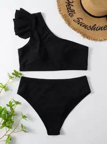 SHEIN Swim Summer Beach Mono Bikini Set Ruffle Trim One Shoulder Wireless Bra Top & High Waist Bikini Bottom 2 Pieces Bikini