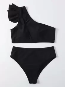 SHEIN Swim Summer Beach Mono Bikini Set Ruffle Trim One Shoulder Wireless Bra Top & High Waist Bikini Bottom 2 Pieces Bikini
