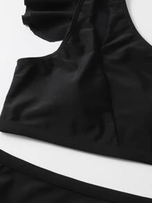 SHEIN Swim Summer Beach Mono Bikini Set Ruffle Trim One Shoulder Wireless Bra Top & High Waist Bikini Bottom 2 Pieces Bikini