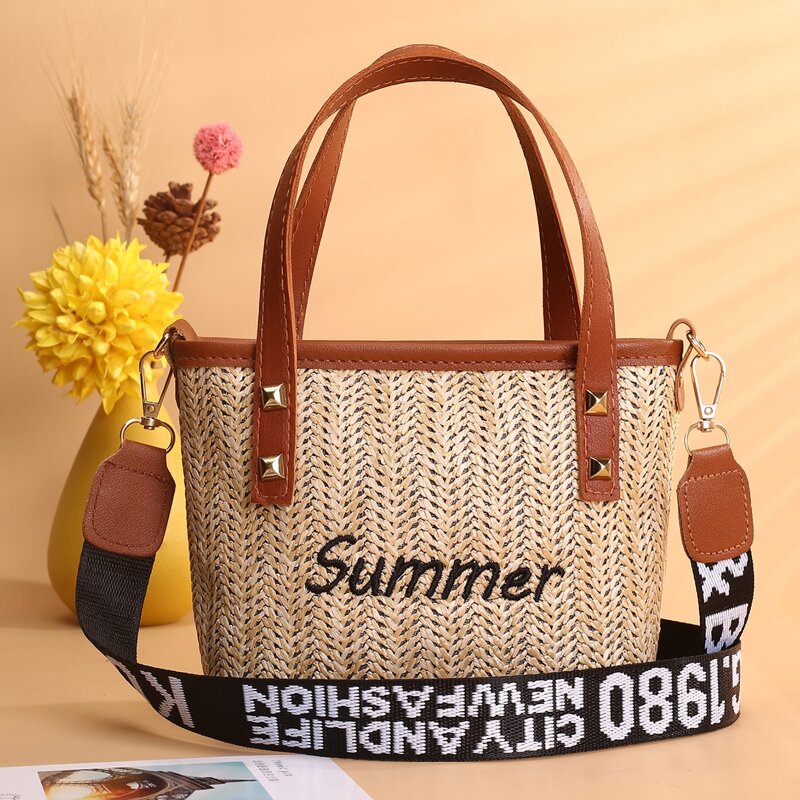 

Letter Graphic Straw Satchel Bag, Brown