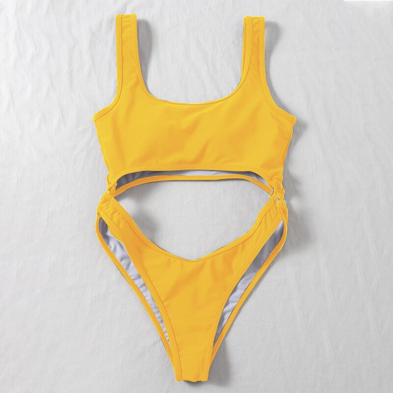 

Cut-out Ring Linked One Piece Swimsuit, Yellow