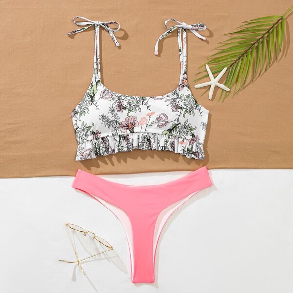 

Floral Random Print Ruffle Bikini Swimsuit, Multicolor