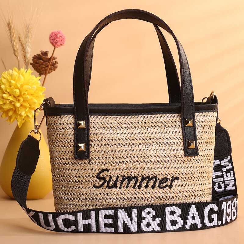 

Letter Graphic Straw Satchel Bag, Black