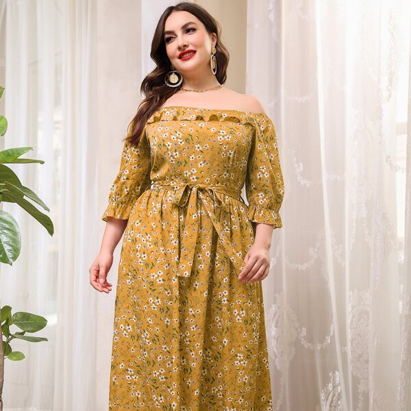 

Plus All Over Floral Print Ruffle Trim Maxi Belted Bardot Dress, Mustard yellow