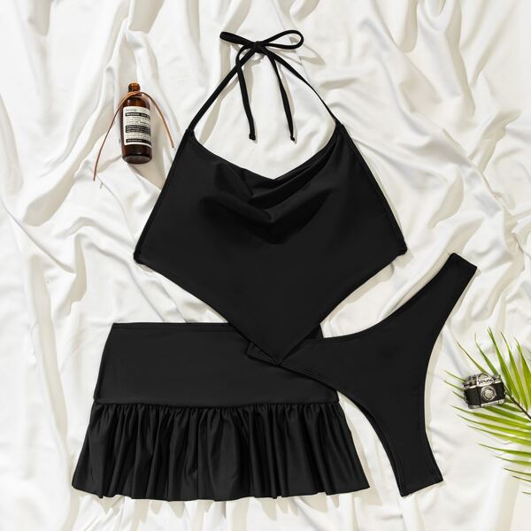 

Ruched Ruffle Hem Halter Bikini Swimsuit, Black