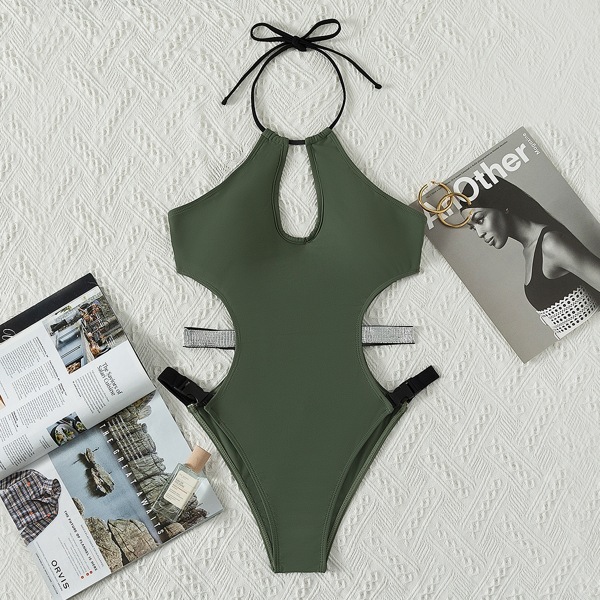 

Cut-out Halter One Piece Swimsuit, Army green