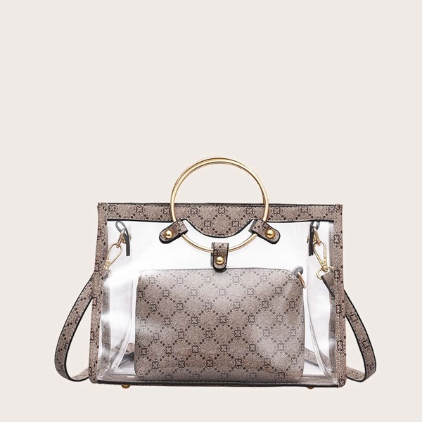 

Graphic Print Satchel Bag With Inner Pouch, Brown