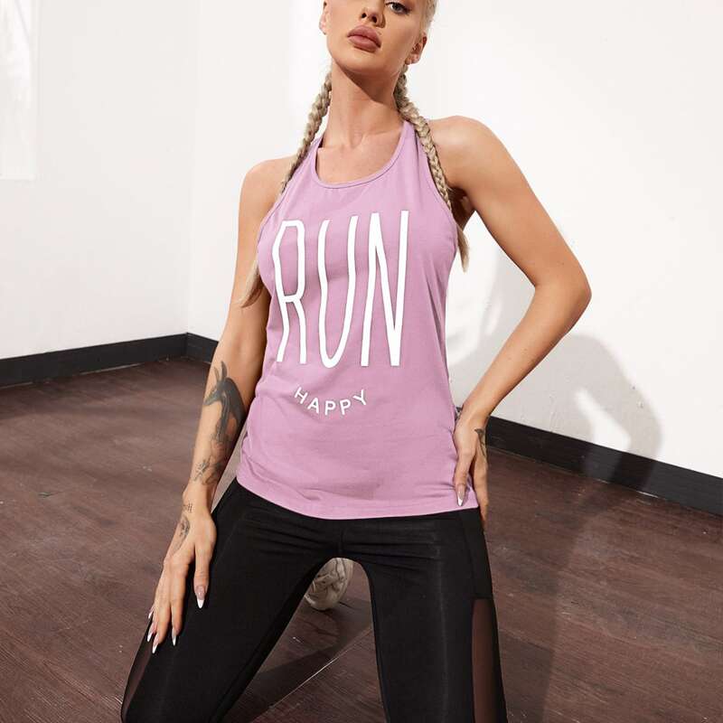 

Letter Graphic Racer Back Sports Tank Top, Lilac purple